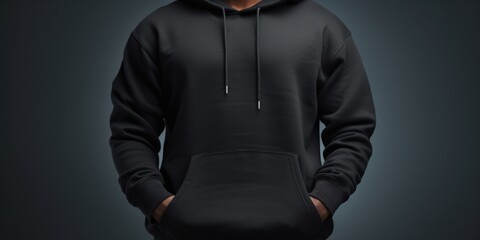 A man wearing a black hoodie stands with his hands in his pockets. This versatile image can be used for various themes and concepts