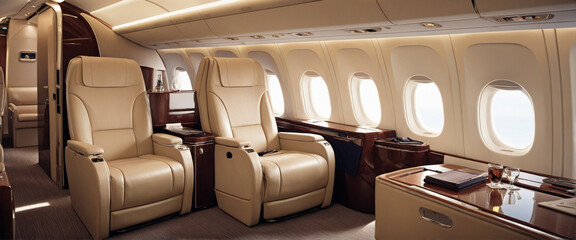 first class business luxury seats for vacations or corporate airplane travel with copy space area wide banner