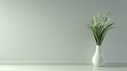 White Vase with Flowers in Minimalist Room: Copy Space for Text