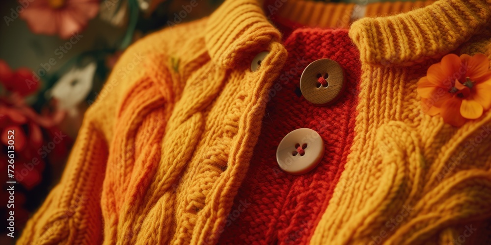 Poster close-up view of a sweater featuring a delicate flower design. versatile and stylish, perfect for ad