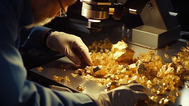 A man in a blue jacket and white gloves is seen diligently working on a piece of gold. This image can be used to depict craftsmanship, jewelry making, or the value of gold