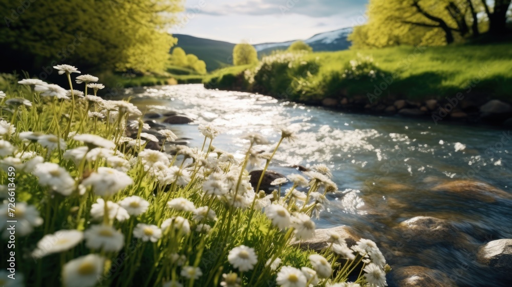 Poster a picture of a river running through a vibrant and lush green forest. this image can be used to depi
