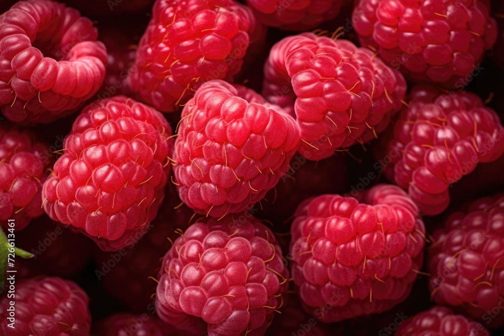 Poster A close-up view of a bunch of raspberries. Perfect for adding a pop of color to any food or beverage-related project