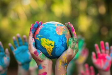 Mains d'enfants colorées qui tiennent un globe qui représente le monde pour la journée de la terre