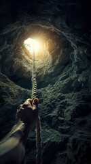 A hand trying to hold a rope hanging from the top of a hole. Illustration of a light at the end of the hole with a rope to cling to for survival and hope. - obrazy, fototapety, plakaty