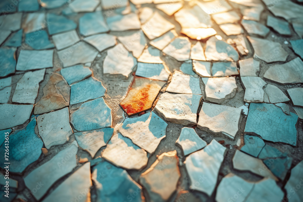 Poster a mosaic made of broken tiles, creating a beautiful image from shattered pieces. concept of creating