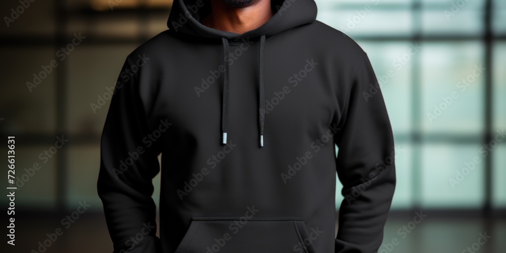 Poster a man wearing a black hoodie stands in front of a window. this image can be used to depict mystery, 
