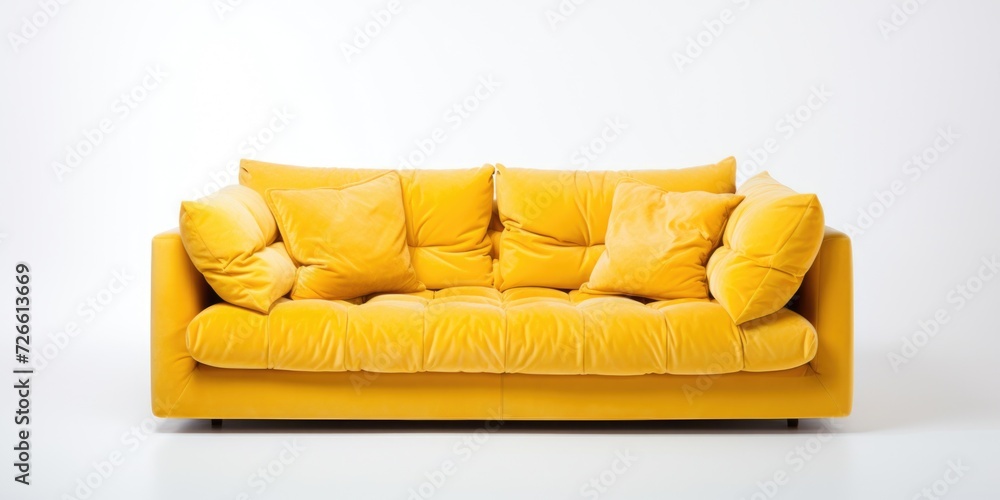 Poster A cozy yellow couch adorned with an array of soft pillows. Perfect for adding a pop of color to any room