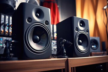 Speakers sitting on top of a wooden shelf. Perfect for adding sound to any space