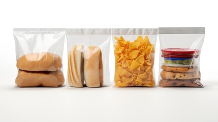 Three bags of food sitting next to each other. Suitable for various food-related themes