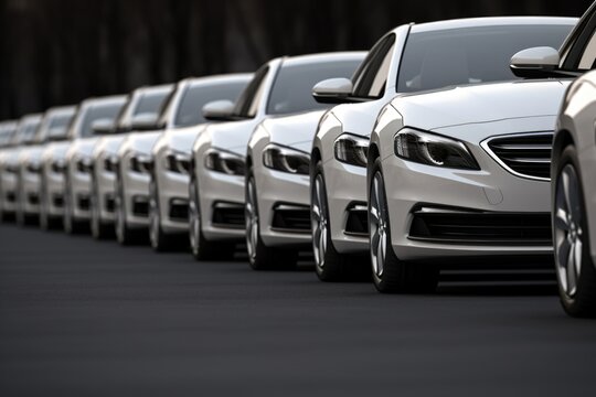 A row of white cars parked on the side of the road. Perfect for automotive industry promotions or transportation-themed projects