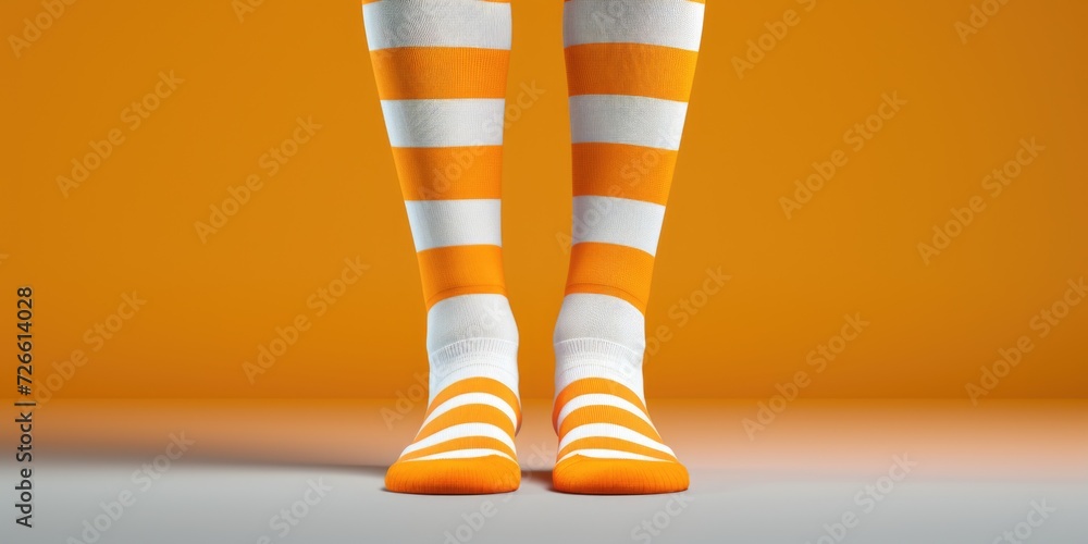 Poster a pair of orange and white striped socks. perfect for adding a pop of color to your outfit. can be w