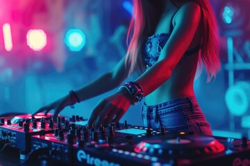 Charismatic DJ girl at the turntable. DJ plays on the best, famous CD players at nightclub during...