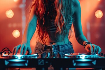 Charismatic DJ girl at the turntable. DJ plays on the best, famous CD players at nightclub during...