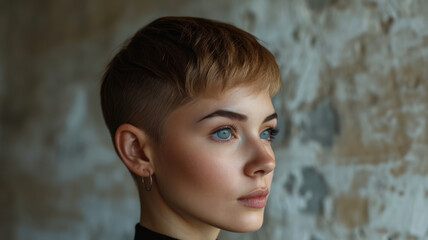 An asymmetrical haircut, showcasing individual style and the beauty of nonconformity. Concept of personal expression and unique beauty standards. Generative Ai.