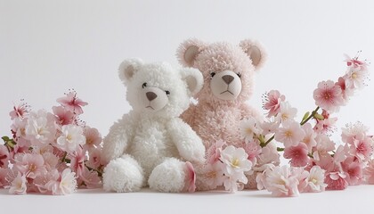 A high-resolution photograph featuring a white and pink teddy bear duo surrounded by delicate pink flowers on a white background, exuding a touch of nature's beauty