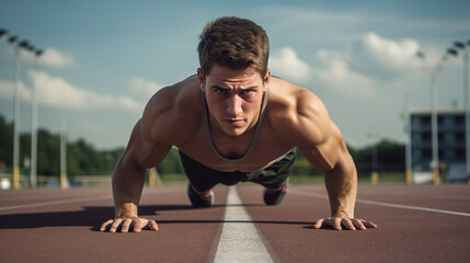 Young healthy man doing push-ups and exercising on the running field. Ai generate.