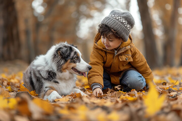 Enfant avec son chien dans la nature en automne - amitié entre un chien et un enfant