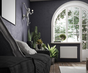 Blue living room with a gray sofa, a parquet floor, a window with a bonsai and many plants including a cactus
