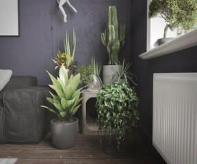 Front view of a blue living room with lots of plants, a gray sofa, parquet floor and a lamp
