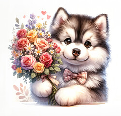 Fototapeta na wymiar Cute Husky holding flowers. Watercolor illustration for greeting cards and children's decor, stickers, nursery art. For Birthday, Valentine's Day and Mother’s day cards and invitations. 