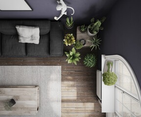 Top view of a blue living room with a gray sofa, a parquet floor, a window with a bonsai and many plants including a cactus
