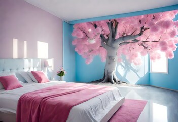 the interior of the bedroom. one double bed. pink blanket. big white tree with flowers in the bedroom. large tree in the interior. blue flowers