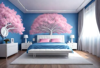 the interior of the bedroom. one double bed. pink blanket. big white tree with flowers in the bedroom. large tree in the interior. blue flowers
