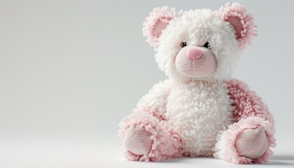 A pristine 8k image of a fluffy white and pink teddy bear against a pure white isolated background, exuding charm and innocence