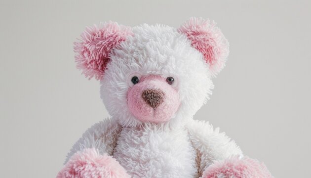 A pristine 8k image of a fluffy white and pink teddy bear against a pure white isolated background, exuding charm and innocence