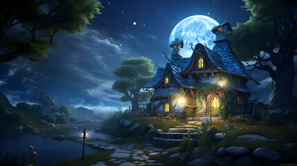 Nighttime scene of a house in the woods with a full moon,,
Nighttime scene of a small cabin in a forest with a full moon