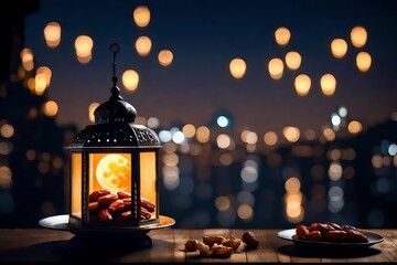 Lantern that have moon symbol on top and small plate of dates fruit with night sky and city bokeh...