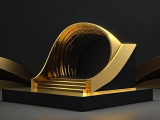 3D golden product line stage dark platform wave display on a gold-black podium background.