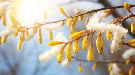 Willow branch with catkins in forest, blurred background, sunny weather, symbol of easter holiday - obrazy, fototapety, plakaty
