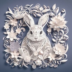 A close up of a paper cut rabbit surrounded by flowers, detailed rabbit in the middle, paper cut art, paper art, layered paper art