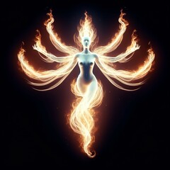 A woman with long hair and a white body is surrounded by fire, holy flame spell, phoenix rising from the ashes