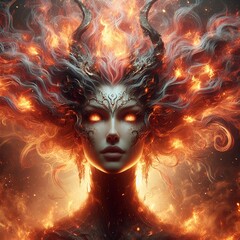 A woman with fire in her hair, woman made of black flames, appears as the fire goddess