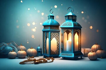 Ramadan and Eid al fitr concept 2023 backgrounds dates with Turkish traditional lantern Light Lamp...