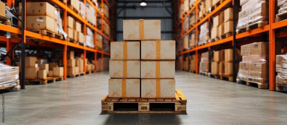 Poster Loading pallets with cardboard boxes in an export warehouse.