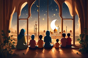 Ramadan Kareem greeting. Family at window looking at Islamic city with mosque skyline, crescent...