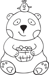 A panda holds a basket of Easter eggs, a small yellow chicken sits on his head. Vector doodle hand drawn illustration