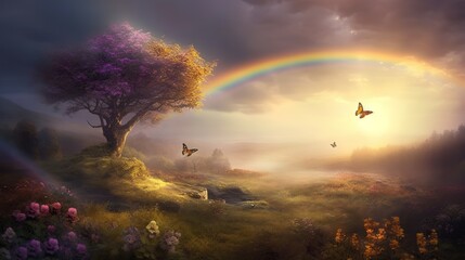Ethereal butterfly sipping nectar from a flower beneath a vibrant rainbow - obrazy, fototapety, plakaty