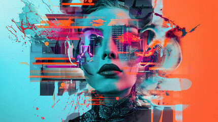 A surreal collage  and  with a glitch effect, neon colors, and geometric shapes