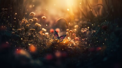Ethereal butterfly sipping nectar from a flower beneath a vibrant rainbow - obrazy, fototapety, plakaty
