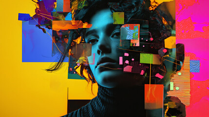 graffiti on wall, A surreal collage  and  with a glitch effect, neon colors, and geometric shapes