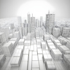Wireframe city background. perspective 3d render of building wireframe. Graphics of the business city. Abstract. concept of smart or digital city, cityscape in futuristic sketch. Generative Ai