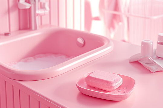 A Bar Of Pink Soap Lies In A Soap Dish Near The Sink In A Pink Bathroom