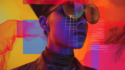 A surreal collage  and  with a glitch effect, neon colors, and geometric shapes