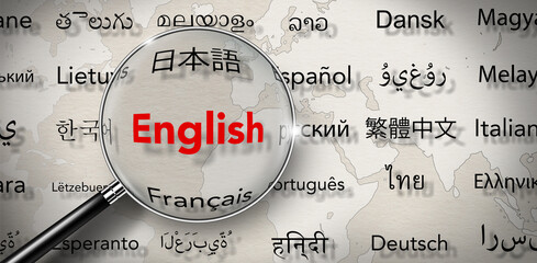 Magnifying glass with Word of English and Several important languages on paper with world map background. Words cloud, Translate, and languages education concept.