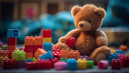 A realistic snapshot showcasing a red teddy bear playing with a set of colorful building blocks, their arrangement forming a delightful and imaginative scene